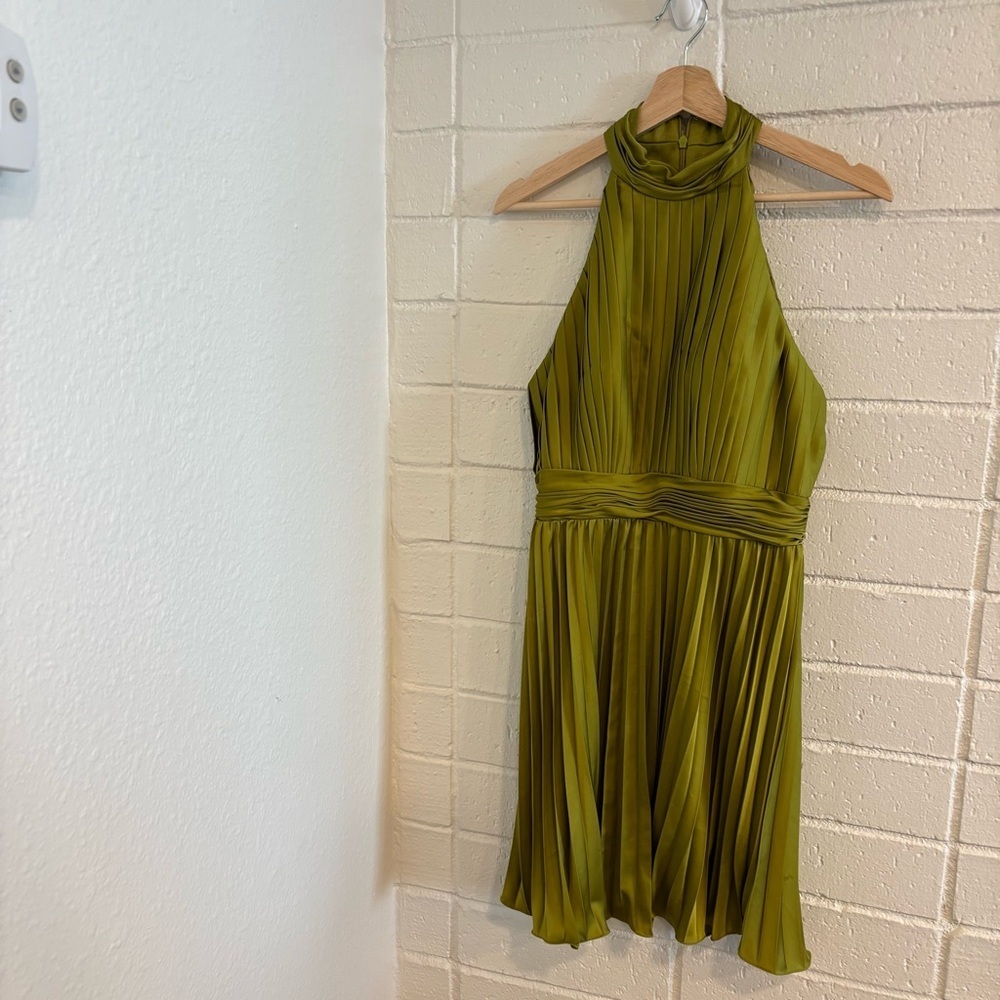 Mac Duggal Satin Pleated Olive Green Halter Dress - Picture 5 of 9
